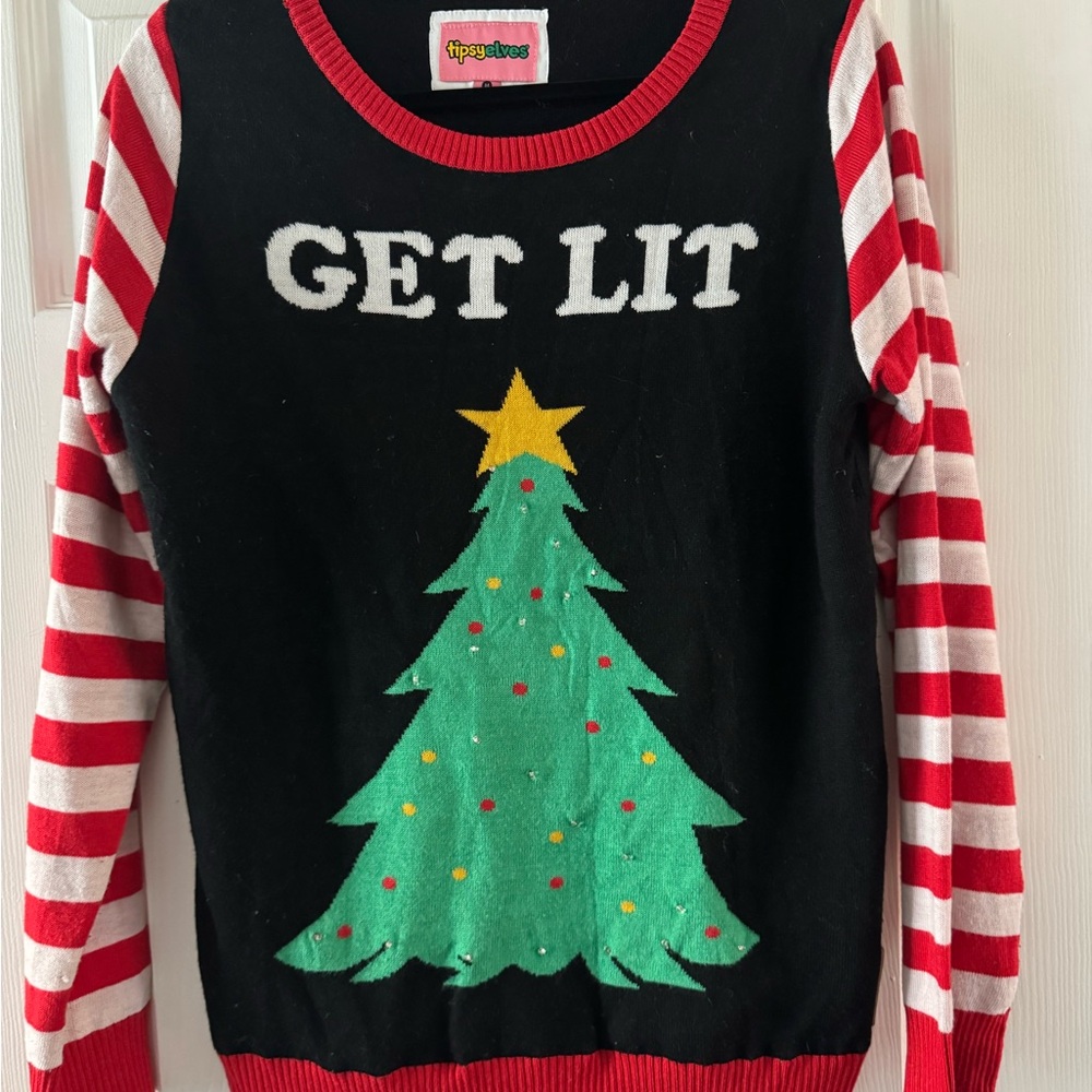 Tipsy Elves Black Christmas Sweater with Tree and Stripes